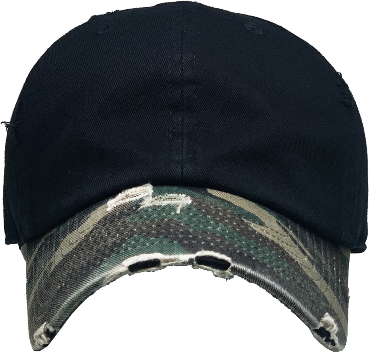 Black Camouflage Two Tone Distressed Vintage Baseball Cap Front View